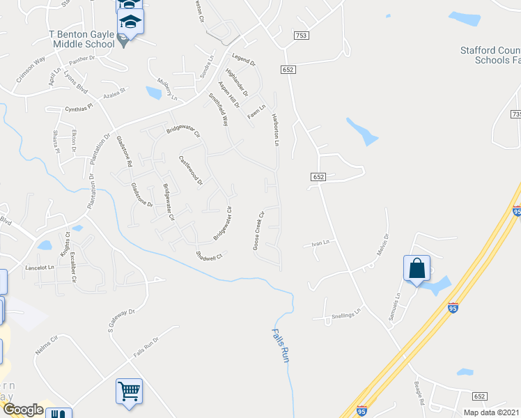 map of restaurants, bars, coffee shops, grocery stores, and more near 12 Goose Creek Circle in Fredericksburg