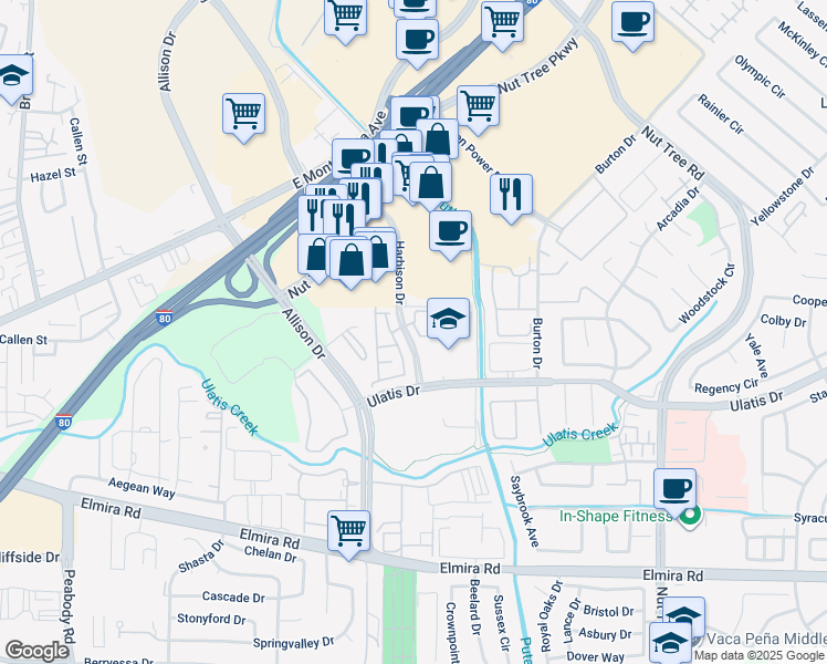 map of restaurants, bars, coffee shops, grocery stores, and more near 3500 Harbison Drive in Vacaville