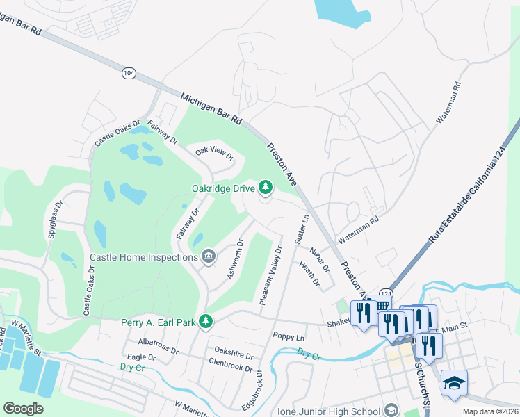 map of restaurants, bars, coffee shops, grocery stores, and more near 129 Oak Ridge Drive in Ione