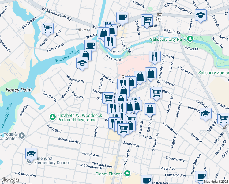 map of restaurants, bars, coffee shops, grocery stores, and more near 220 Waverly Drive in Salisbury