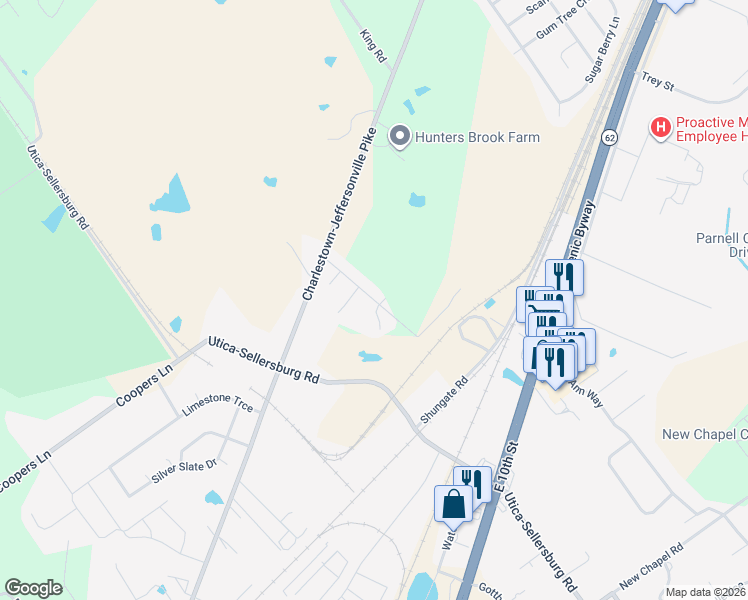 map of restaurants, bars, coffee shops, grocery stores, and more near 4602 Charlestown Pike in Jeffersonville