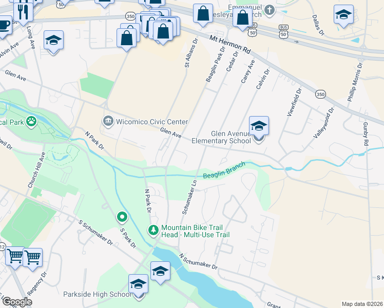 map of restaurants, bars, coffee shops, grocery stores, and more near 1330 Glen Avenue in Salisbury