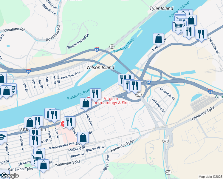 map of restaurants, bars, coffee shops, grocery stores, and more near 301 Harris Street in South Charleston
