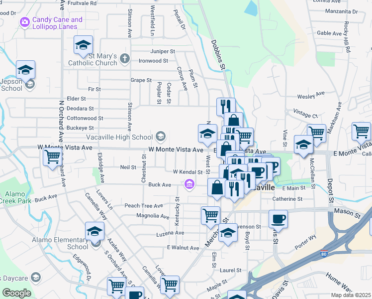 map of restaurants, bars, coffee shops, grocery stores, and more near Virginia Street in Vacaville