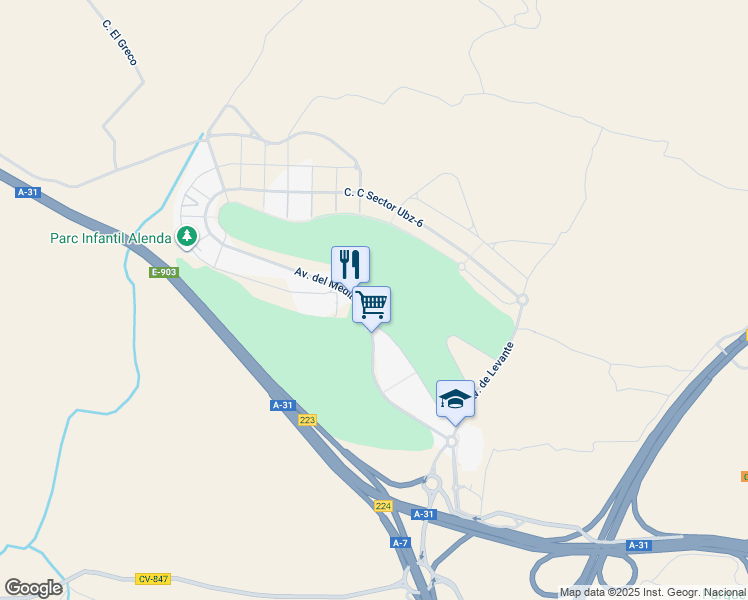 map of restaurants, bars, coffee shops, grocery stores, and more near 69 Avenida del Mediterráneo in Monforte del Cid