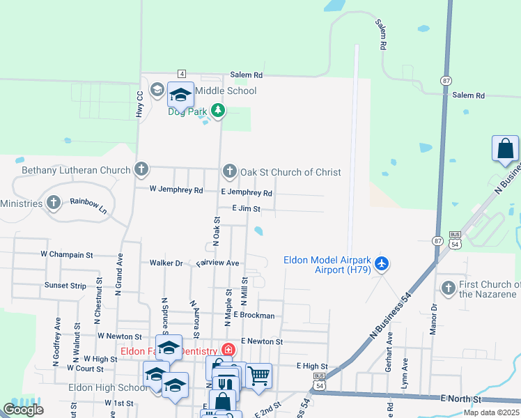 map of restaurants, bars, coffee shops, grocery stores, and more near 547 East Jim in Eldon