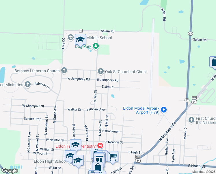 map of restaurants, bars, coffee shops, grocery stores, and more near 398 E Jim in Eldon