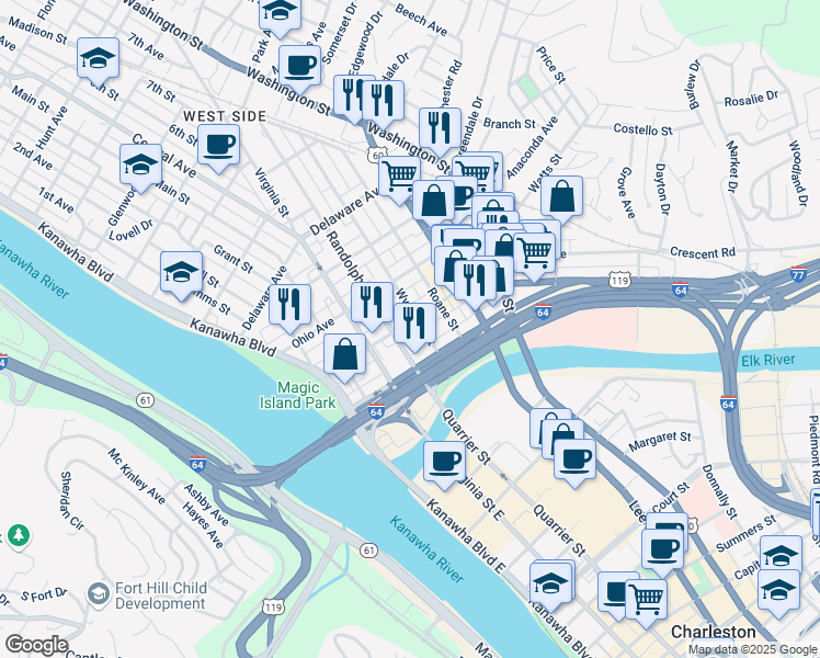 map of restaurants, bars, coffee shops, grocery stores, and more near 301 Tennessee Avenue in Charleston
