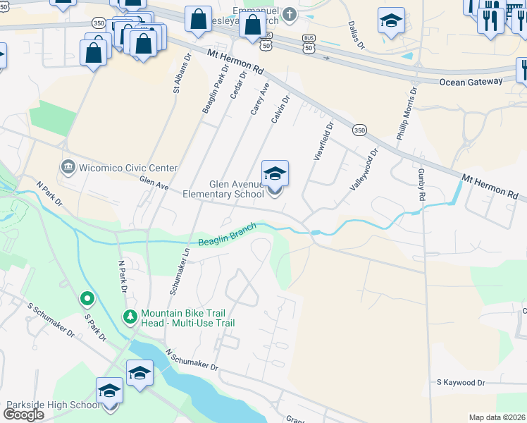map of restaurants, bars, coffee shops, grocery stores, and more near 1614 Glen Avenue in Salisbury