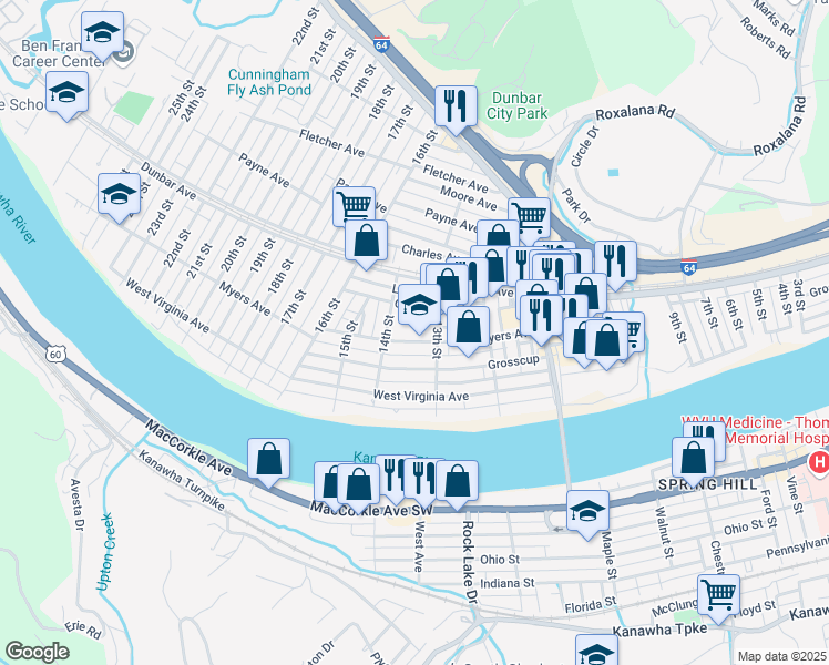 map of restaurants, bars, coffee shops, grocery stores, and more near 1330 Myers Ave in Dunbar