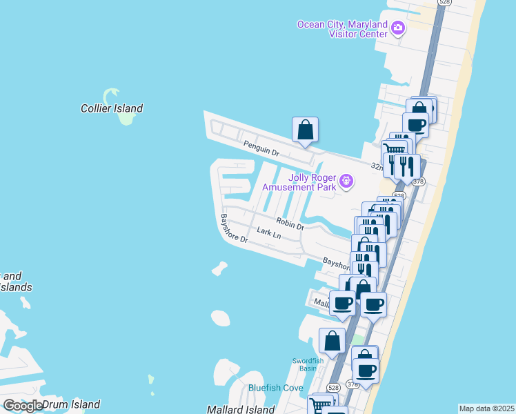 map of restaurants, bars, coffee shops, grocery stores, and more near 2806c Gull Way in Ocean City