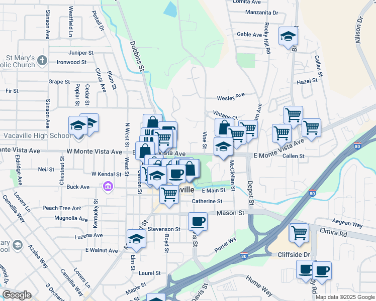 map of restaurants, bars, coffee shops, grocery stores, and more near 501 East Monte Vista Avenue in Vacaville