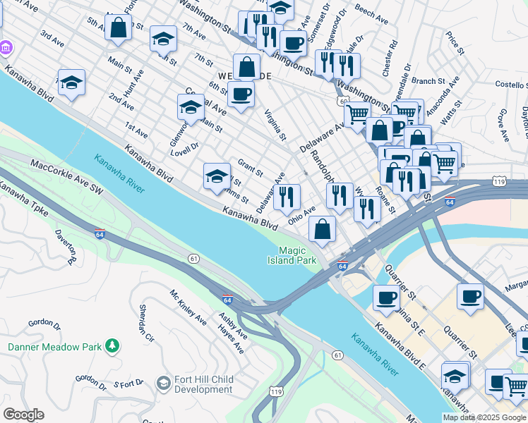 map of restaurants, bars, coffee shops, grocery stores, and more near 7 Delaware Avenue in Charleston