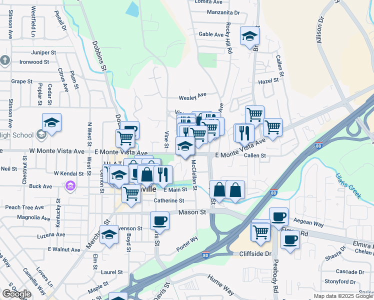 map of restaurants, bars, coffee shops, grocery stores, and more near 781 East Monte Vista Avenue in Vacaville