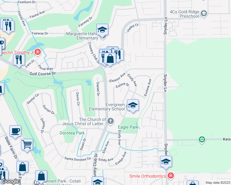 map of restaurants, bars, coffee shops, grocery stores, and more near 5342 Eunice Street in Rohnert Park