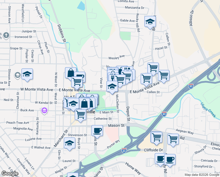 map of restaurants, bars, coffee shops, grocery stores, and more near 719 East Monte Vista Avenue in Vacaville
