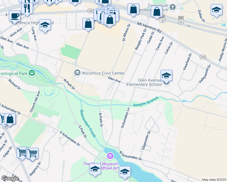 map of restaurants, bars, coffee shops, grocery stores, and more near 516 Emory Court in Salisbury