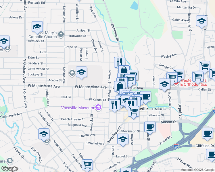 map of restaurants, bars, coffee shops, grocery stores, and more near 78 Peabody Road in Vacaville