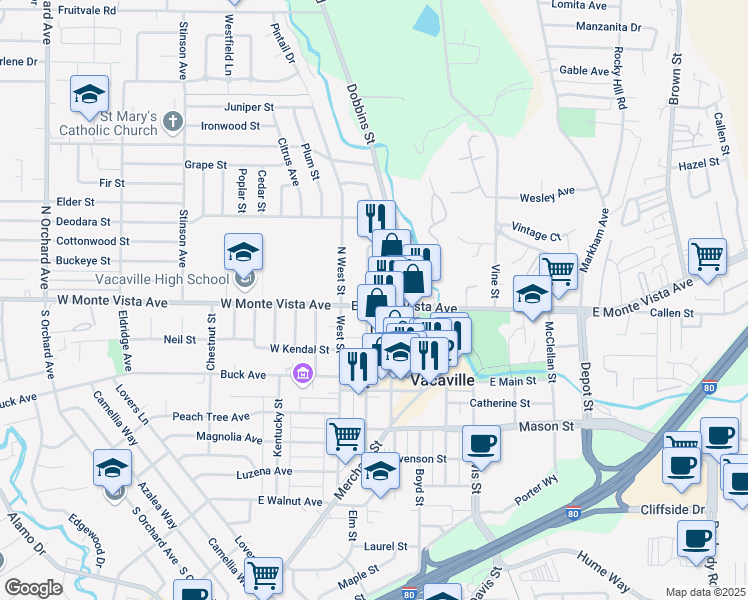 map of restaurants, bars, coffee shops, grocery stores, and more near 201 East Monte Vista Avenue in Vacaville