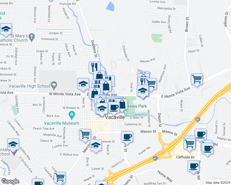 map of restaurants, bars, coffee shops, grocery stores, and more near 501 East Monte Vista Avenue in Vacaville
