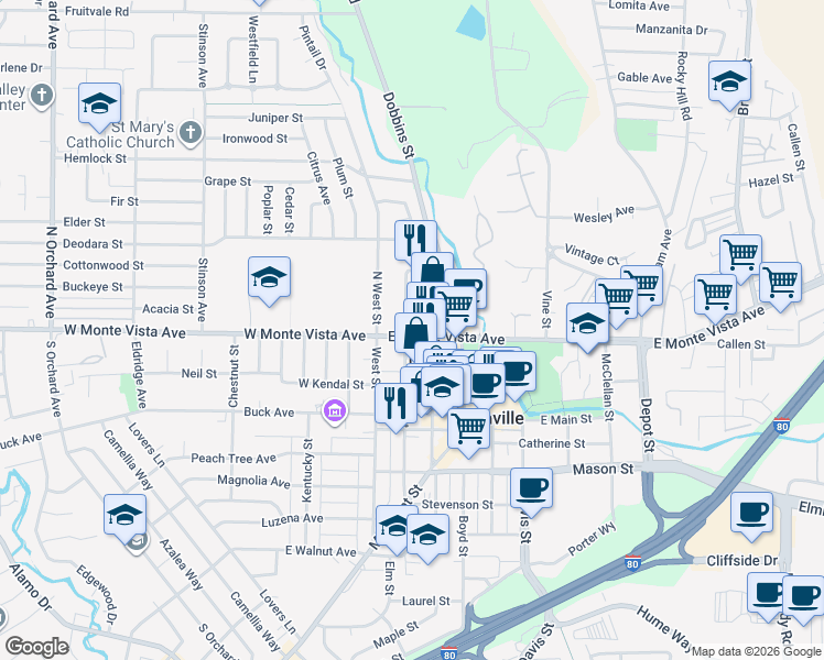 map of restaurants, bars, coffee shops, grocery stores, and more near 201 East Monte Vista Avenue in Vacaville