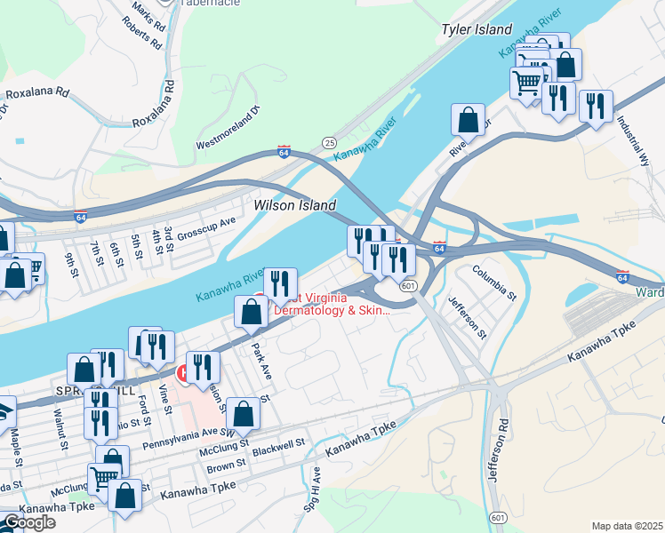 map of restaurants, bars, coffee shops, grocery stores, and more near 301 Harris Street in South Charleston