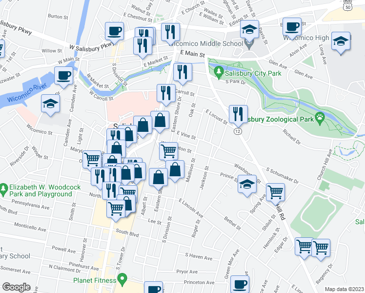 map of restaurants, bars, coffee shops, grocery stores, and more near 205 Washington Street in Salisbury