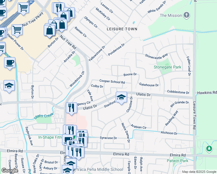 map of restaurants, bars, coffee shops, grocery stores, and more near 449 Stoneybrook Lane in Vacaville