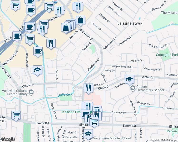 map of restaurants, bars, coffee shops, grocery stores, and more near 257 Woodstock Circle in Vacaville