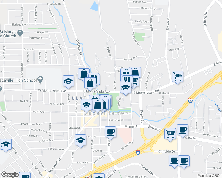 map of restaurants, bars, coffee shops, grocery stores, and more near 607 East Monte Vista Avenue in Vacaville