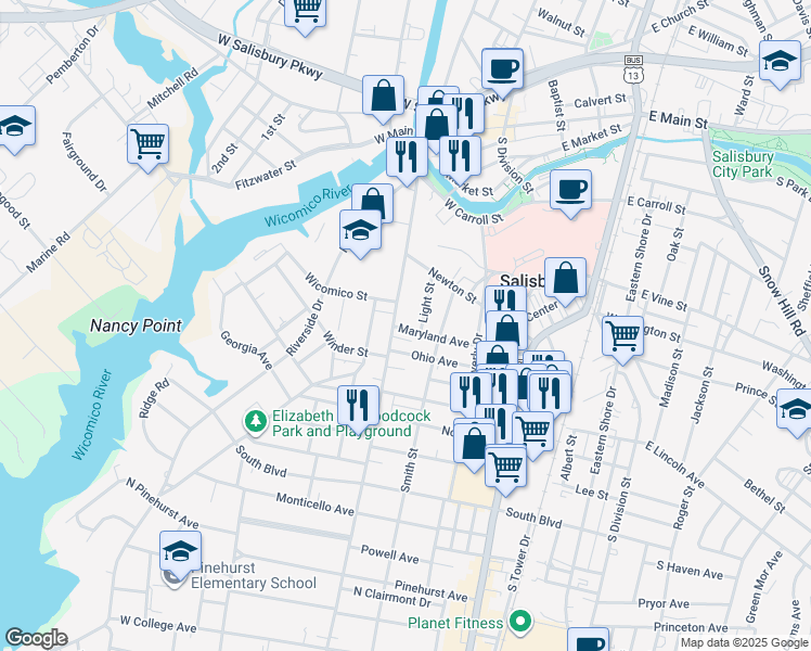 map of restaurants, bars, coffee shops, grocery stores, and more near 622 Light Street in Salisbury