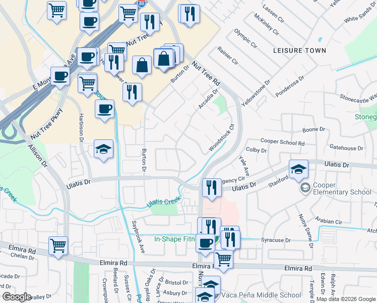 map of restaurants, bars, coffee shops, grocery stores, and more near 395 Killingsworth Circle in Vacaville
