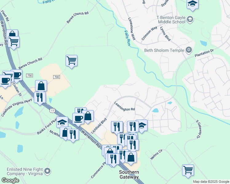 map of restaurants, bars, coffee shops, grocery stores, and more near 107 Crossing Road in Fredericksburg