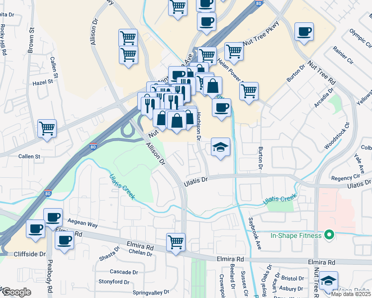 map of restaurants, bars, coffee shops, grocery stores, and more near 3501 Harbison Drive in Vacaville