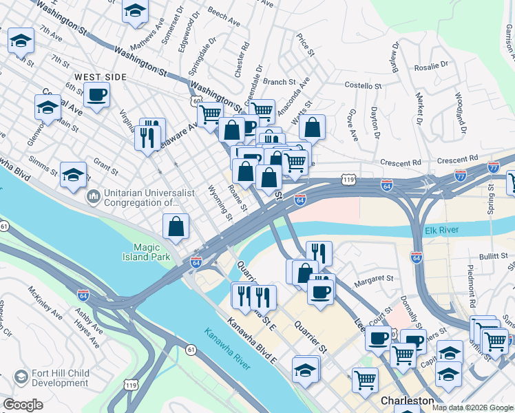 map of restaurants, bars, coffee shops, grocery stores, and more near 127 Lee Street West in Charleston