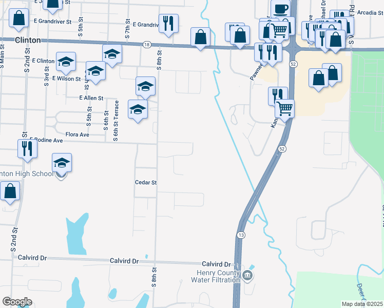 map of restaurants, bars, coffee shops, grocery stores, and more near 837 Hunts Road in Clinton