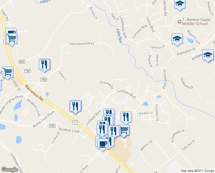 map of restaurants, bars, coffee shops, grocery stores, and more near 107 Crossing Road in Fredericksburg