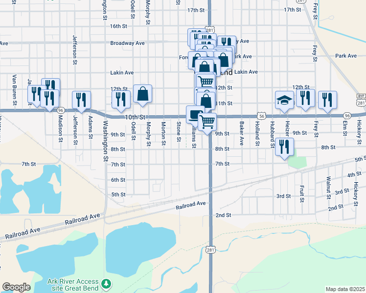 map of restaurants, bars, coffee shops, grocery stores, and more near 800 Stone Street in Great Bend