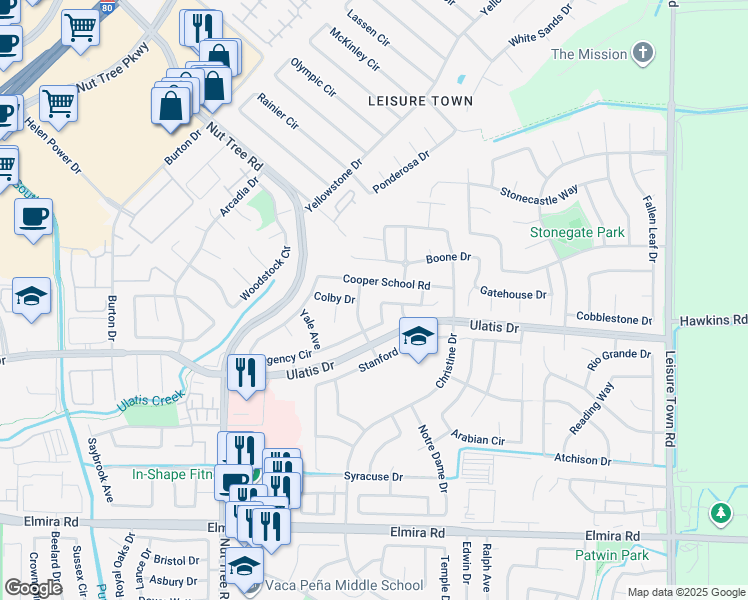 map of restaurants, bars, coffee shops, grocery stores, and more near 449 Stoneybrook Lane in Vacaville