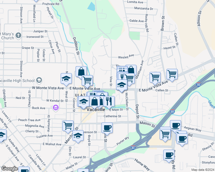 map of restaurants, bars, coffee shops, grocery stores, and more near 607 East Monte Vista Avenue in Vacaville