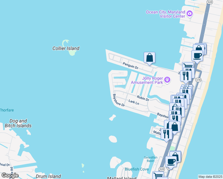 map of restaurants, bars, coffee shops, grocery stores, and more near 508 Robin Drive in Ocean City