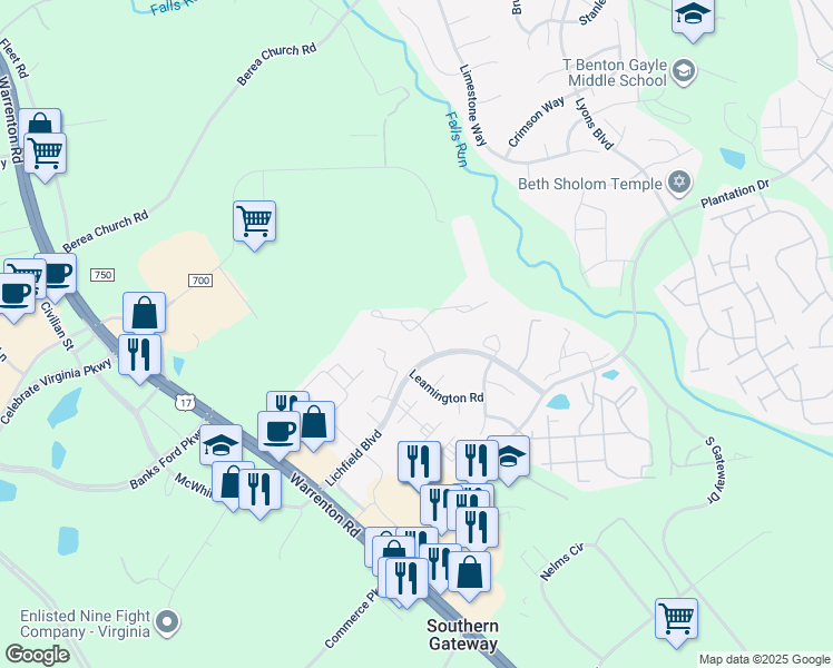 map of restaurants, bars, coffee shops, grocery stores, and more near 103 Crossing Road in Fredericksburg