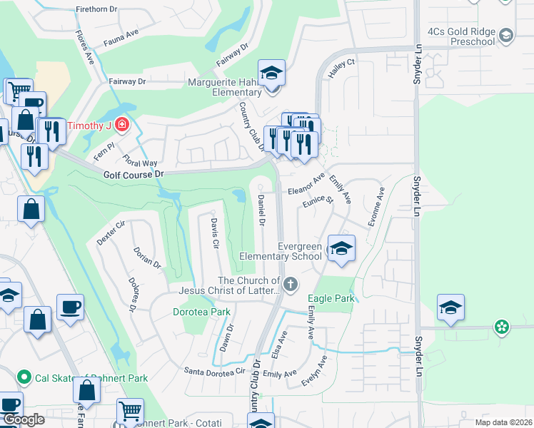 map of restaurants, bars, coffee shops, grocery stores, and more near 5309 Daniel Drive in Rohnert Park