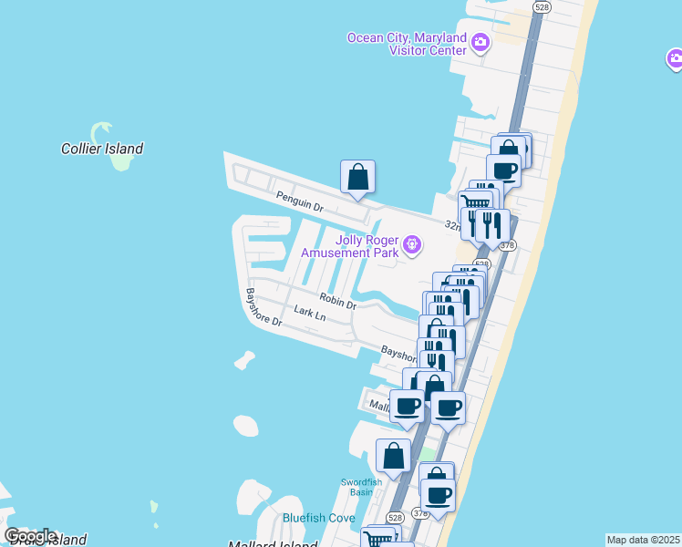 map of restaurants, bars, coffee shops, grocery stores, and more near 2816 Plover Drive in Ocean City