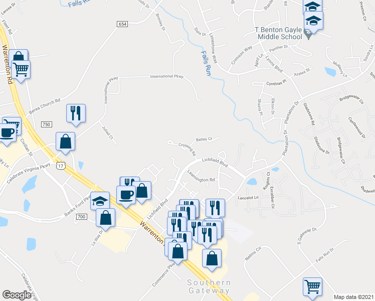 map of restaurants, bars, coffee shops, grocery stores, and more near 103 Crossing Road in Fredericksburg