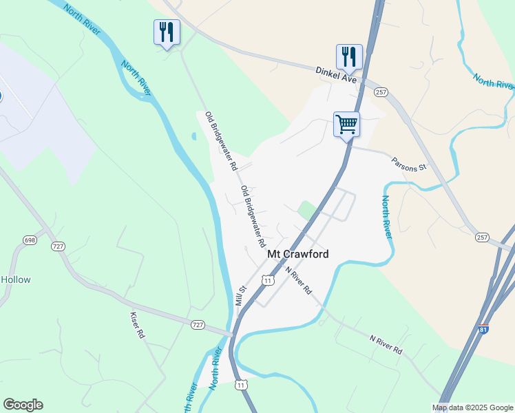 map of restaurants, bars, coffee shops, grocery stores, and more near 130 Old Bridgewater Road in Mount Crawford