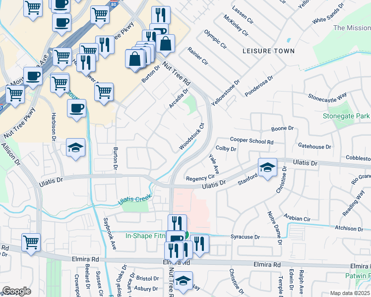 map of restaurants, bars, coffee shops, grocery stores, and more near 275 Woodstock Circle in Vacaville