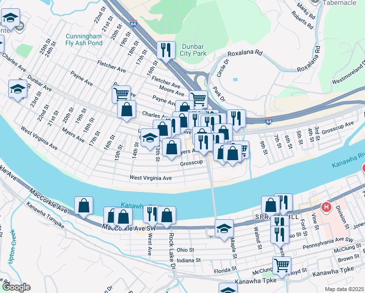 map of restaurants, bars, coffee shops, grocery stores, and more near 330 12th Street in Dunbar