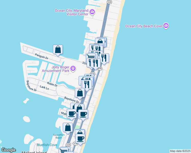 map of restaurants, bars, coffee shops, grocery stores, and more near 3010 Philadelphia Avenue in Ocean City