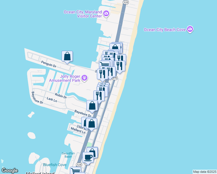 map of restaurants, bars, coffee shops, grocery stores, and more near 3010 Philadelphia Avenue in Ocean City